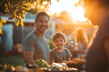 Families smiling and playing as the sun sets over a suburban backyard barbecue