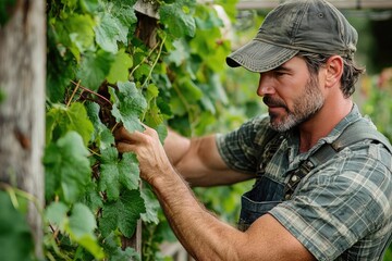 A handsome man in closefitting overalls prunes vines on a wooden trellis