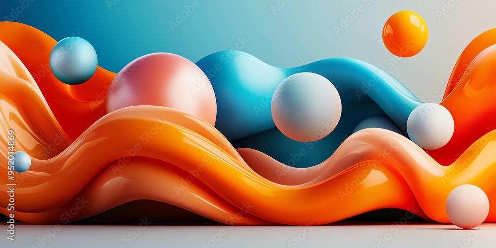 Poster abstract 3d rendering of colorful liquid waves and spheres.