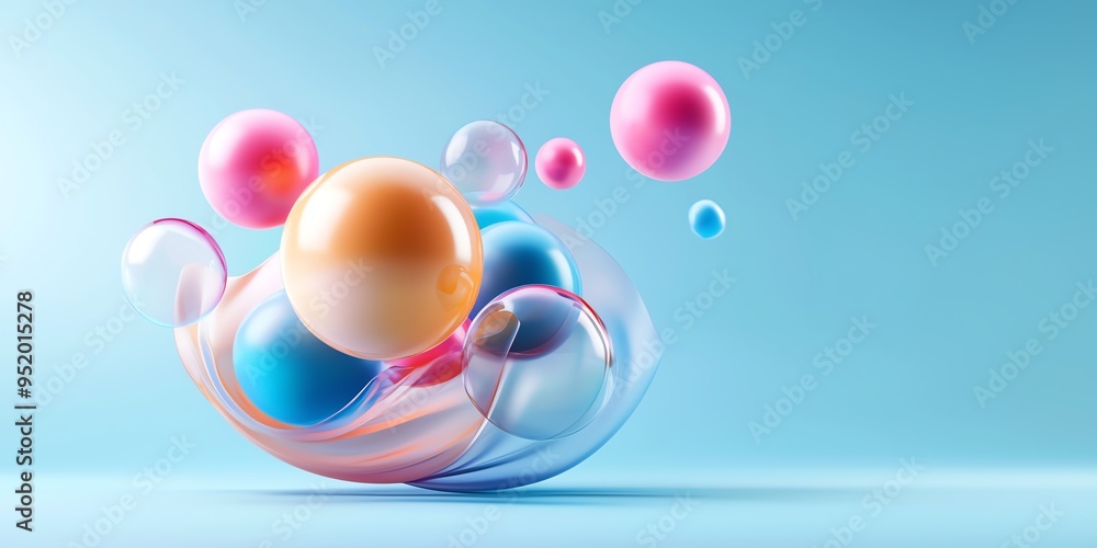Poster abstract colorful 3d render with liquid shapes and spheres.