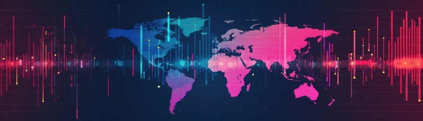 Obraz premium A vibrant world map pulsates with energy, symbolizing global communication, data flow, and interconnectedness in the digital age. 