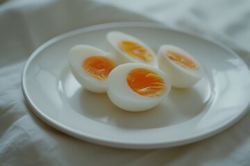 A white plate featuring perfectly cooked soft-boiled eggs, sliced in half to reveal their soft yolks.