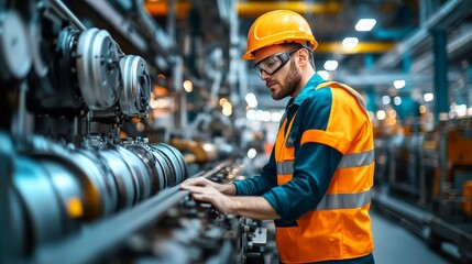 Industrial Machinist: A focused industrial worker wearing safety gear operates complex machinery in a modern factory. The photo captures the precision and dedication required in manufacturing.  
