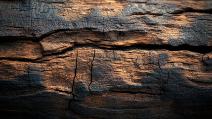 Obraz premium Detailed close-up of a weathered, cracked wooden surface with rich textures and patterns, showcasing natural aging and rustic beauty. 
