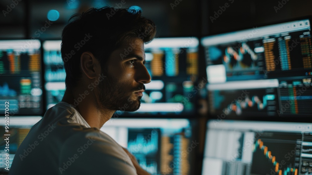 Aufkleber a focused trader carefully analyzes financial data on multiple monitors, immersed in a trading envir