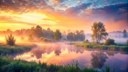Obraz premium soft warm pastel gentle peaceful morning misty foggy serene tranquil ambient dreamy mystical surreal ethereal natural wild nature scenic