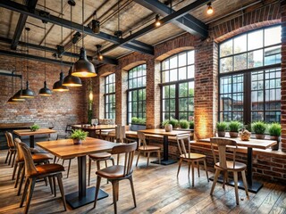 Naklejka premium rustic industrial eatery exposed brick wall contrasting modern minimalist windows allowing natural light to illuminate reclaimed wood tables and metal chairs