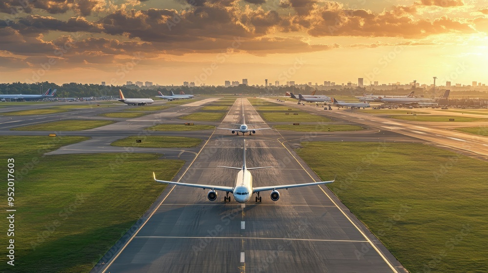Poster a busy airport runway with multiple planes taxiing and taking off, capturing the dynamic nature of a