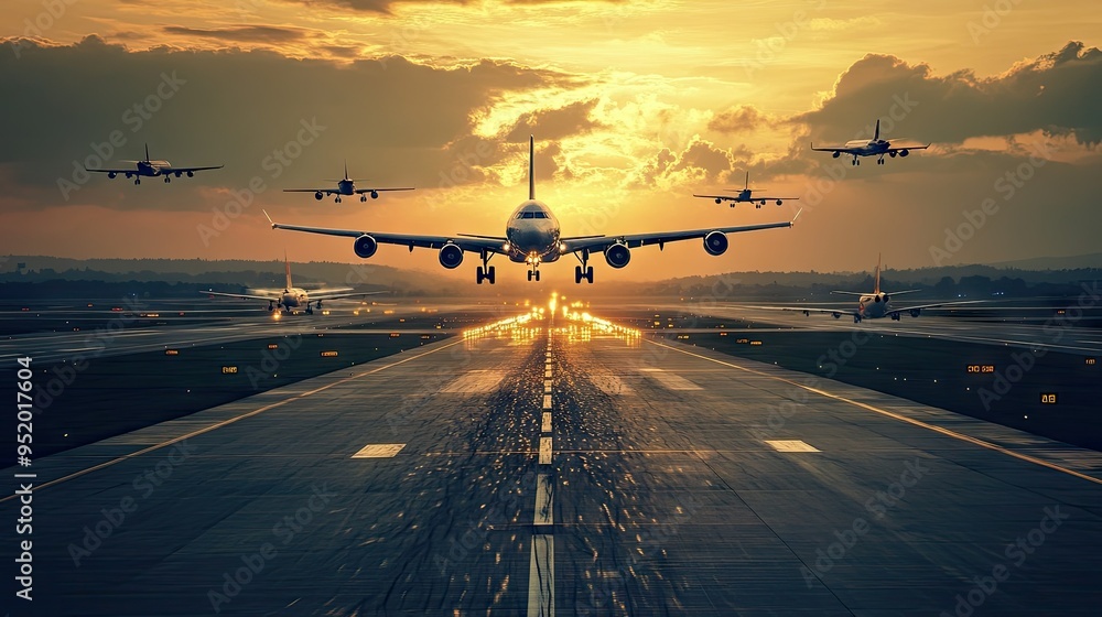 Poster a busy airport runway with multiple planes taxiing and taking off, capturing the dynamic nature of a