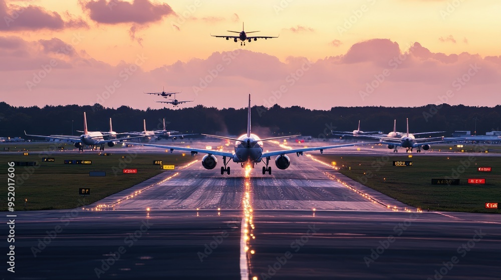 Poster a busy airport runway with multiple planes taxiing and taking off, capturing the dynamic nature of a