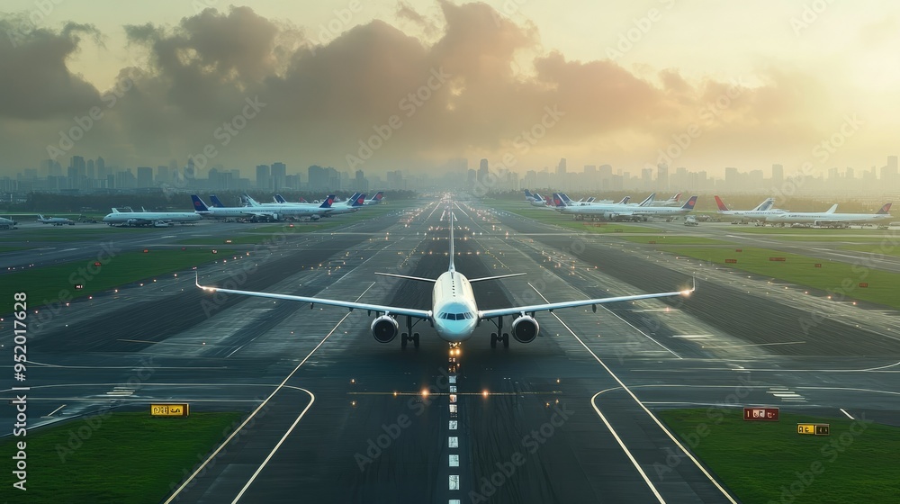 Poster a busy airport runway with multiple planes taxiing and taking off, capturing the dynamic nature of a