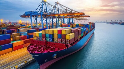 Naklejka premium A cargo ship loaded with colorful containers, docked at a busy port, highlighting the scale and importance of global trade and maritime transport. -