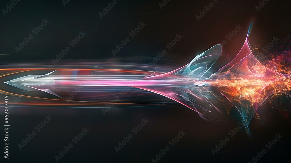 Aufkleber a sleek arrow crafted from intertwining beams of glowing light, blending various colors seamlessly, 