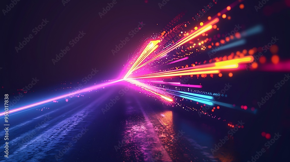 Poster a luminous arrow made of dynamic light streaks, with colors transitioning smoothly from one to anoth
