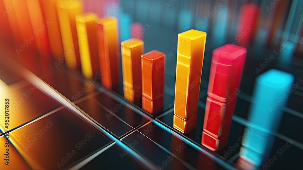 Poster a close-up of a 3d bar graph displaying financial data with vibrant, colorful bars rising above a gr