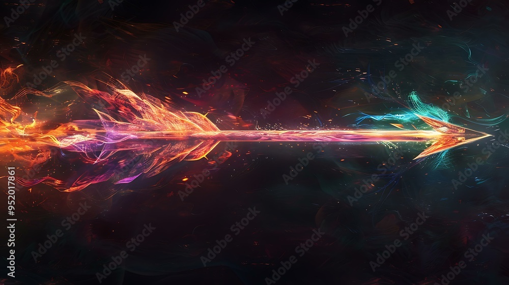 Poster a sleek arrow crafted from intertwining beams of glowing light, blending various colors seamlessly, 