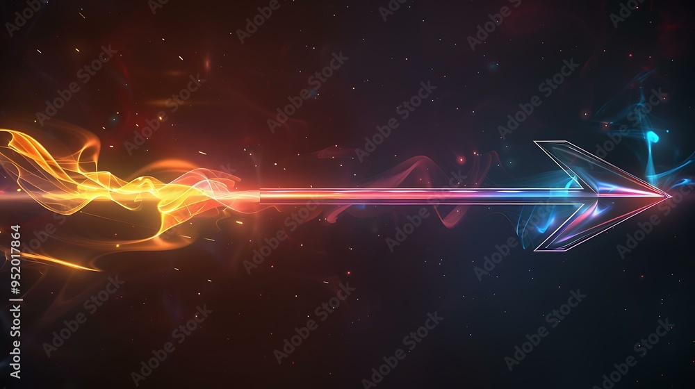 Poster a sleek arrow crafted from intertwining beams of glowing light, blending various colors seamlessly, 