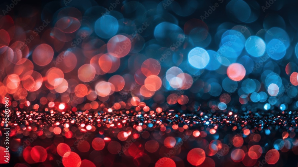 Poster colorful abstract bokeh background featuring red and blue glowing lights, creating a vibrant and fes