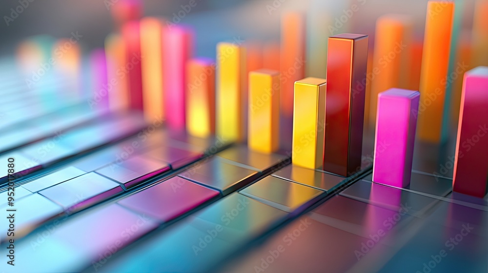 Poster a close-up of a 3d bar graph displaying financial data with vibrant, colorful bars rising above a gr