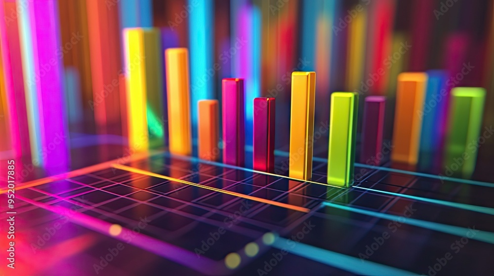 Poster a close-up of a 3d bar graph displaying financial data with vibrant, colorful bars rising above a gr