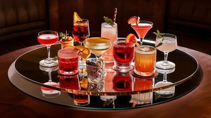 Alcoholic cocktails on a mirror background