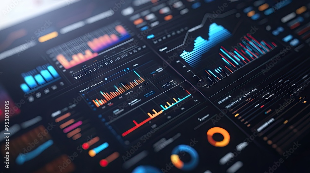 Poster a close-up of a 3d financial dashboard with multiple graphs and charts, including bar, line, and pie