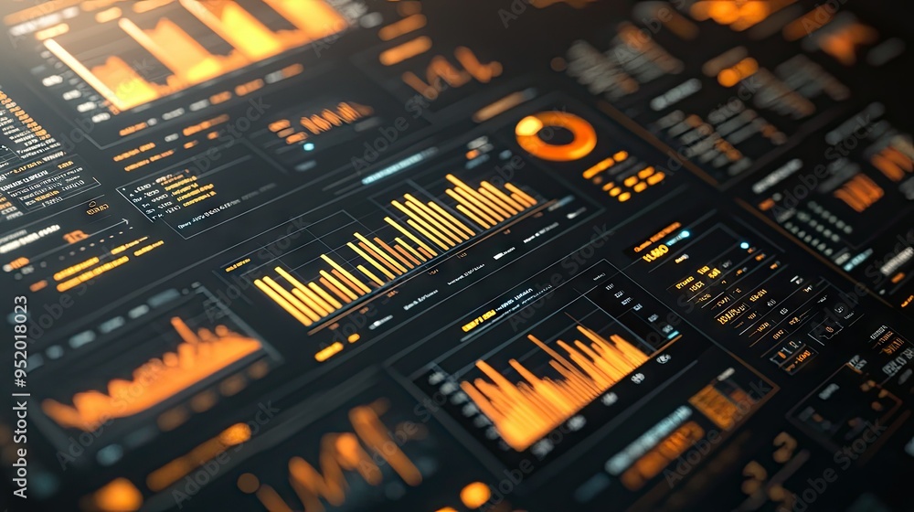 Poster a close-up of a 3d financial dashboard with multiple graphs and charts, including bar, line, and pie