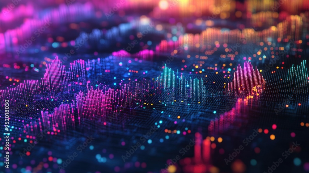 Fototapete A close-up of a 3D financial heatmap with color-coded data points and intensity gradients, representing the distribution and frequency of financial metrics.