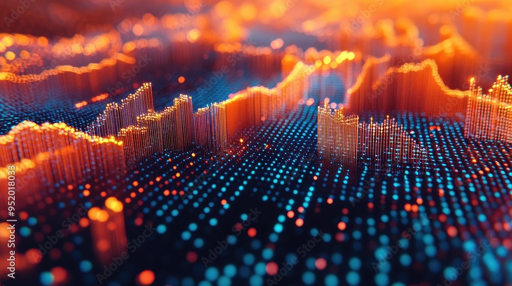 Poster a close-up of a 3d financial heatmap with color-coded data points and intensity gradients, represent