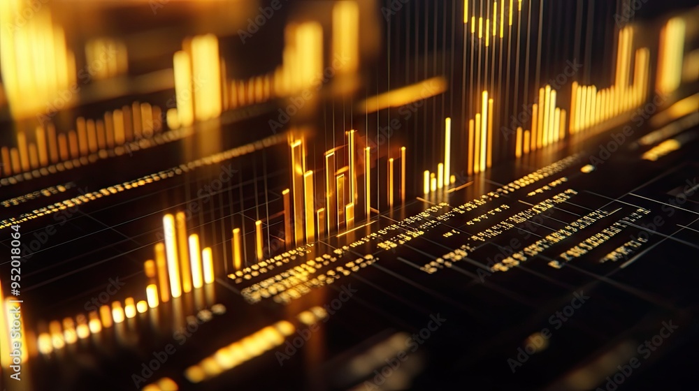 Poster a close-up of a 3d gold bar chart on a digital screen, with gleaming gold bars rising from a grid, r