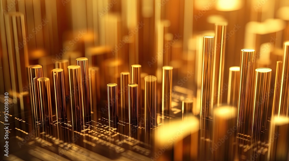 Poster a close-up of a 3d gold histogram with golden bars of varying heights, representing data distributio