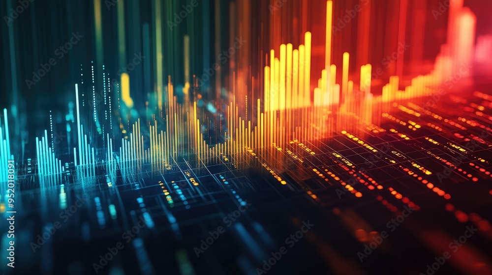 Poster A close-up of a 3D financial heatmap with color-coded data points and intensity gradients, representing the distribution and frequency of financial metrics.