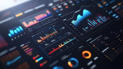 Fototapeta premium A close-up of a 3D financial dashboard with multiple graphs and charts, including bar, line, and pie graphs, showing comprehensive data analysis in a modern interface.