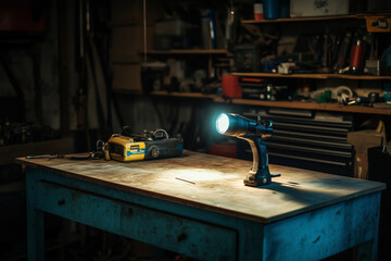 Illuminated Workshop: Flashlight Shining on a Workbench in a Garage