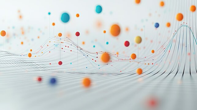 A close-up of a 3D scatter plot with data points floating above a grid, using various colors and sizes to represent different financial data sets and trends.