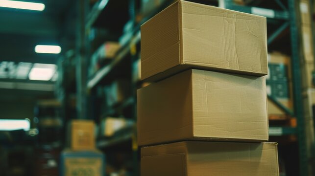 Close-up of stacked cardboard boxes in a warehouse storage area, symbolizing logistics, shipping, and inventory management.