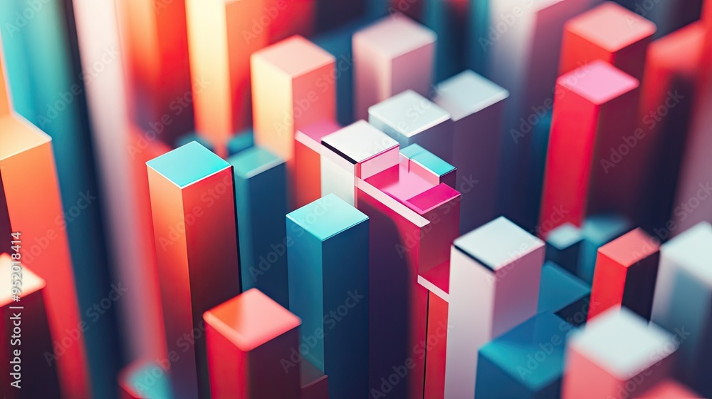 Poster a close-up of a 3d stacked column graph with multiple layers and segments, illustrating a breakdown 