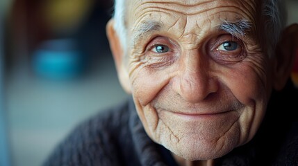 53. An elderly person expressing gratitude with a warm smile and a gentle gaze