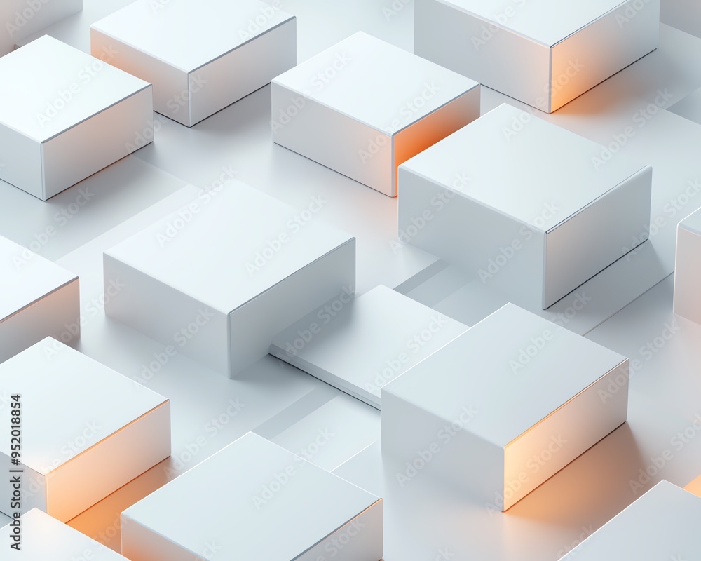 Poster abstract geometric pattern of white cubes with glowing light.