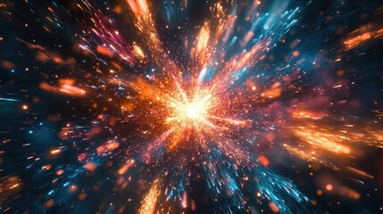 Fototapeta premium A close-up of a burst of fireworks resembling an explosion, with colorful sparks and bright light against a night sky, capturing the festive and spectacular nature.