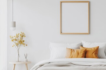 Serene Attic Bedroom with Frame Mockup Above Bed, Soft Bedding, and Warm DÃ©cor