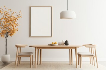 Cozy Dining Room Interior with Frame Mockup on Wall, Wooden Table, Cushioned Chairs, Warm Rug, and Pendant Light