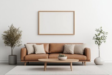Modern Cozy Living Room Interior with Frame Mockup, Leather Sofa, Wooden Coffee Table, Soft Rug, and Indoor Plants