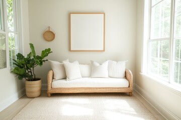 Fototapeta premium Tranquil Sunroom with Frame Mockup Above Wicker Loveseat, Pillows, Plants, and Rug