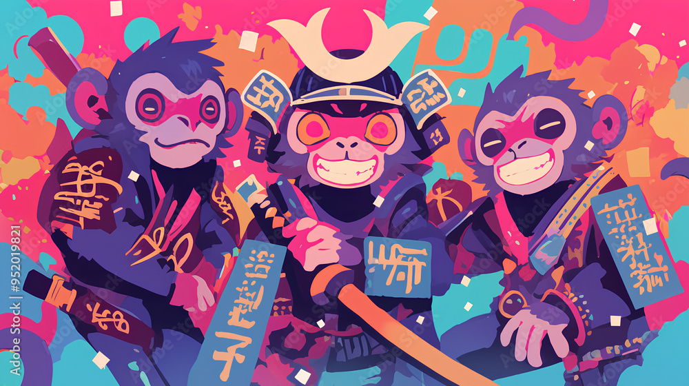 Wall mural cute monkey wearing japanese samurai armor, cool poses, cute kawaii, simple, smiling happy. neon psy