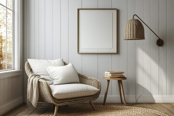 Cozy Reading Nook with Frame Mockup - Inviting Armchair, Lamp, Books, and Blanket for Home Decor Inspiration