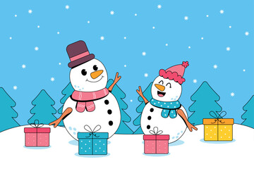 Happy snowman with gift boxs 
