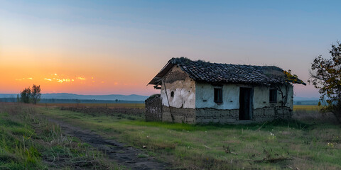 Serene Evening Over Mud House: Sunset Peace Wallpaper"