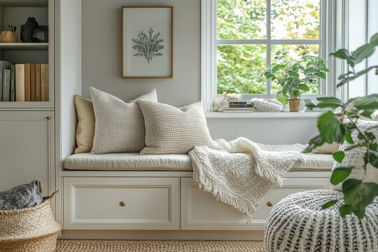 Cozy Window Seat with Frame Mockup and Books Collection for Relaxing Reading Nook Ambiance