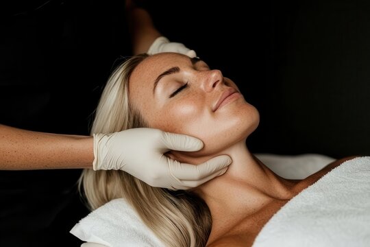Aesthetic specialist using advanced technology to perform a nonsurgical facelift on a relaxed patient, in a sleek, modern treatment room